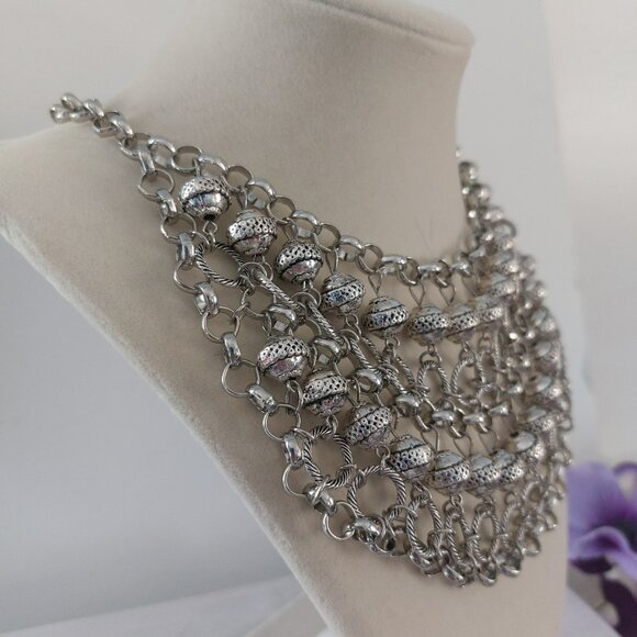 Mialisia Cleopatra Statement Necklace Silver Bib Chainmail Boho Chic EUC - Picture 4 of 10